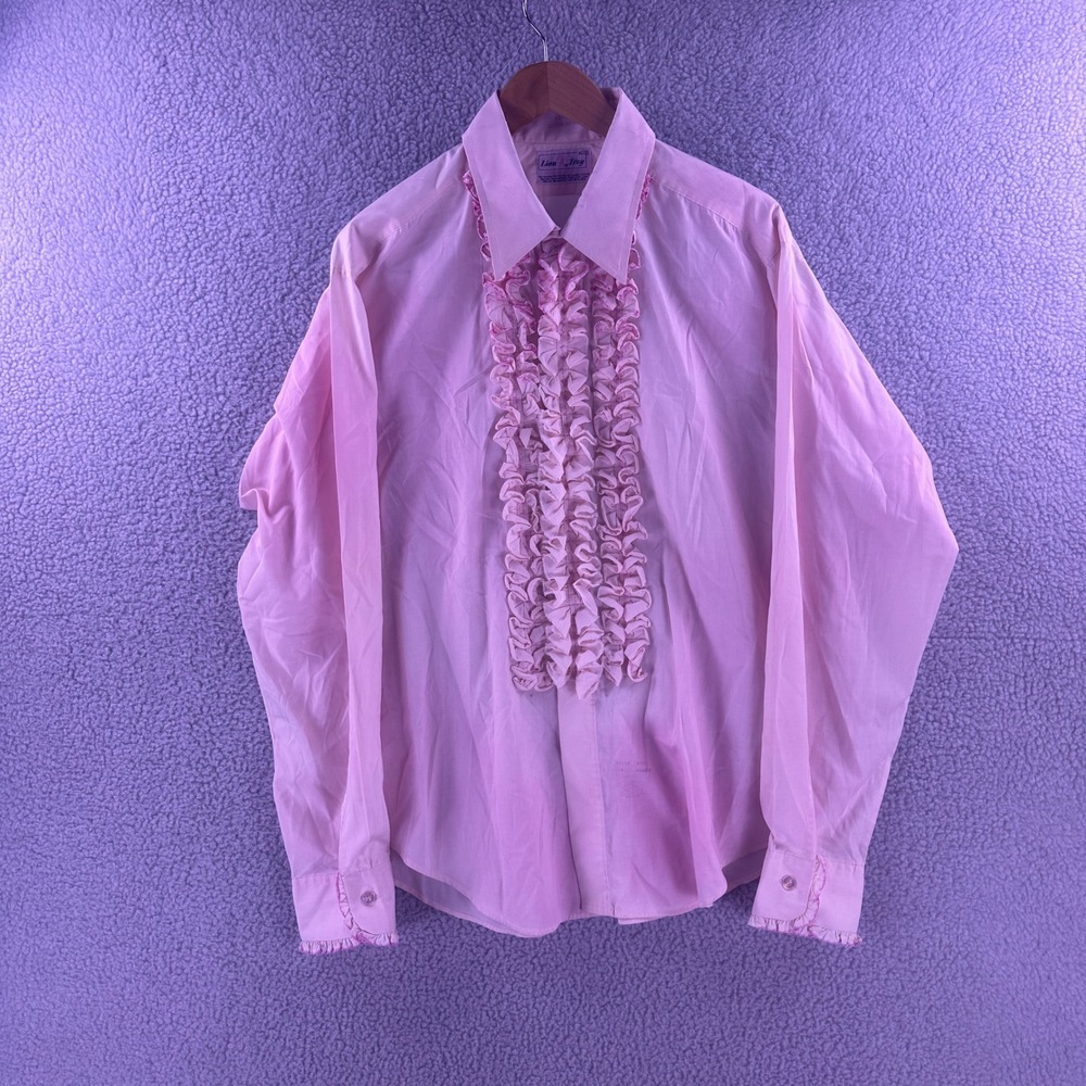 Vintage Lion of Troy Pink Ruffled Tuxedo Shirt Mens XL 17.5 35/37 Formal Retro